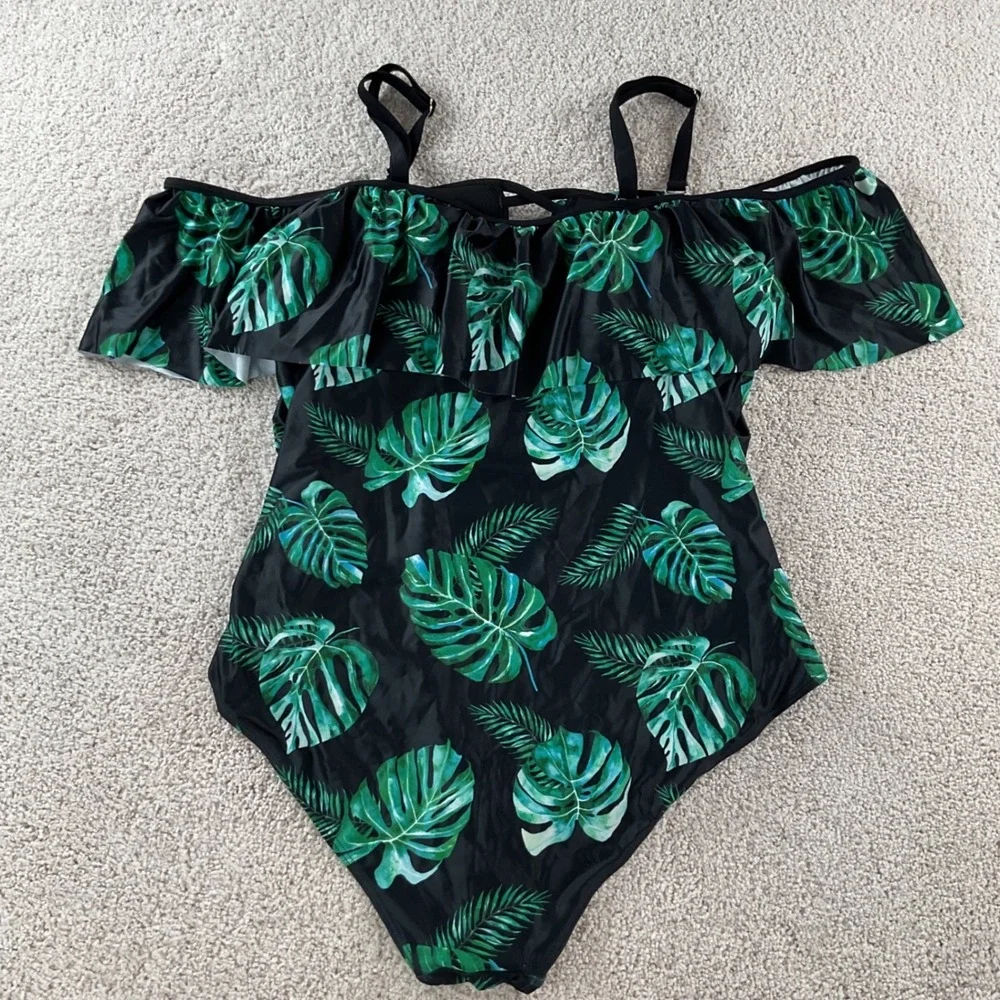 Daci Womens Plus 20W Tropical Monstera Leaf Off Shoulder One Piece Swimsuit NEW